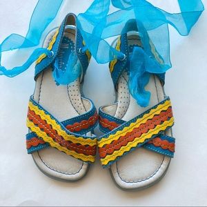 New Naturino Blue Yellow Criss Cross Lace Up Leather Sandals Girls Sz 8 24 Euro